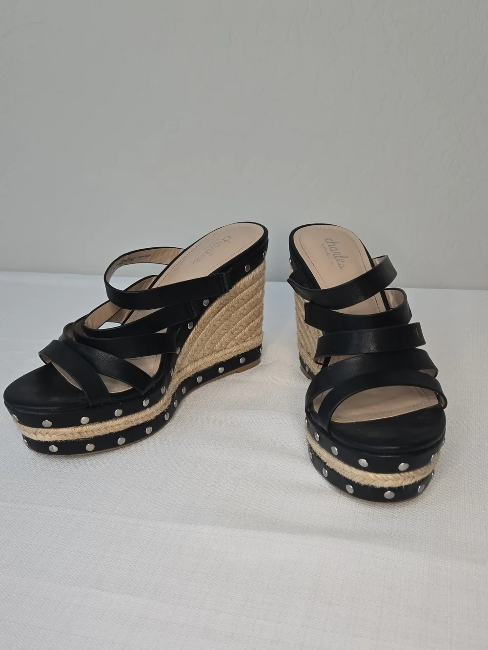 Charles David Black Leather Strappy Espadrille Wedge Sandals